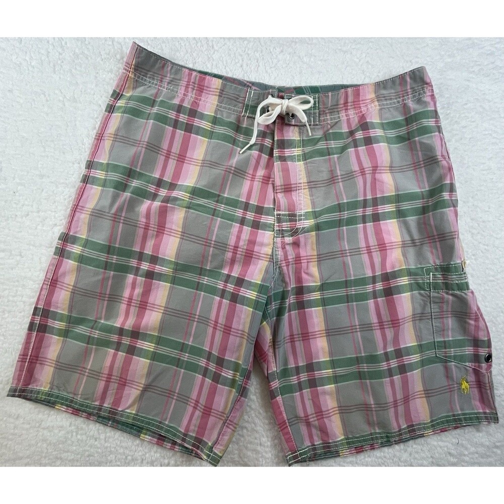 Vintage Polo Ralph Lauren Swim Trunks Board Shorts Mens 32 Madras Plaid Outdoor